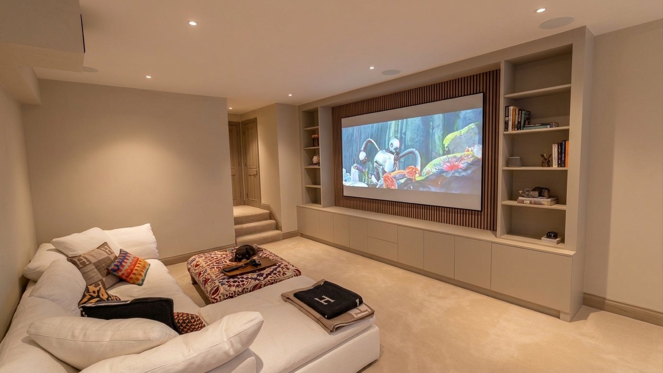 Basement cinema room with projector screen