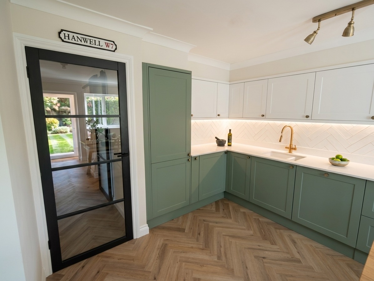 Sage green shaker kitchen with herringbone floor and brass tap